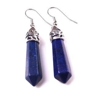 Lapis Lazuli Natural Stone Gemstone Hexagon Point Healing Stone Dangle Earrings